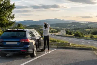 Voiture stationnée sur une aire de repos au bord d’une autoroute entre Bordeaux et Pau, avec un voyageur faisant une pause face aux paysages verdoyants du Béarn.
