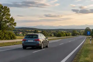 Voiture roulant sur une autoroute entre Bordeaux et Pau dans un paysage verdoyant, avec les Pyrénées à l’horizon.