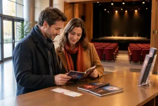 Deux adultes choisissent des spectacles dans le hall chaleureux d’un théâtre, avec des billets et une brochure de saison au premier plan.